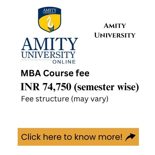 An advertisement for Amity University's online MBA program, detailing the course fee.