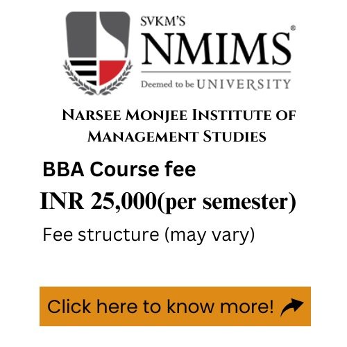 An advertisement for Narsee Monjee University's online BBA program, detailing the course fee.
