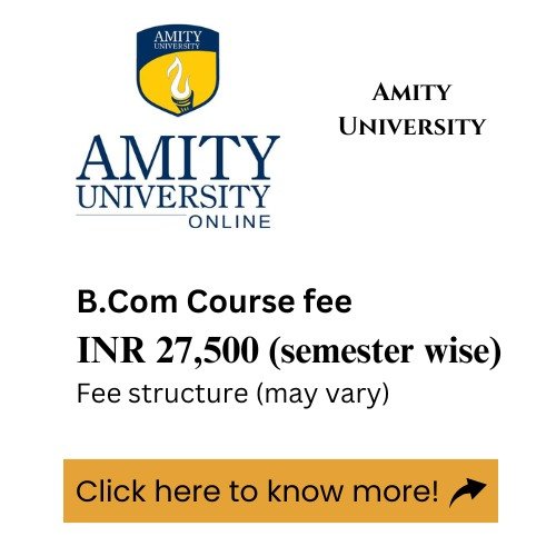 An advertisement for Amity University's online B.Com program, detailing the course fee.