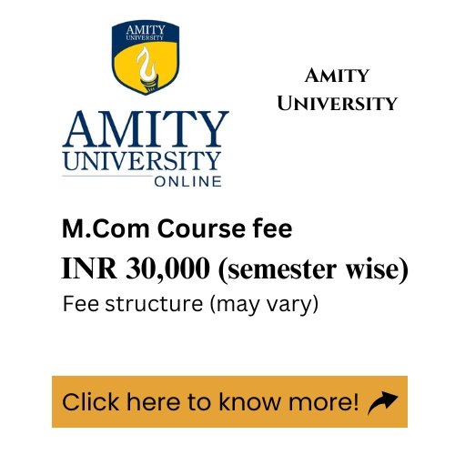 An advertisement for Amity University's online M.Com program, detailing the course fee.