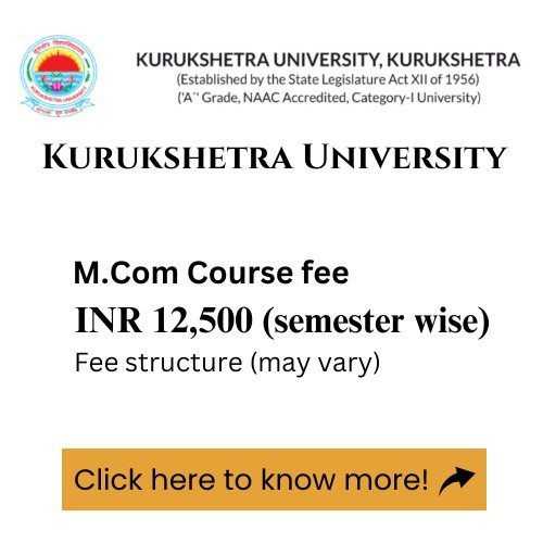 An advertisement for Kurukshetra University's M.Com program, detailing the course fee.