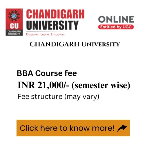 An advertisement for Chandigarh University's online BBA program, detailing the course fee.