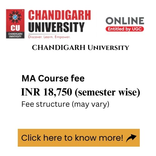 An advertisement for Chandigarh University's online MA program, detailing the course fee.