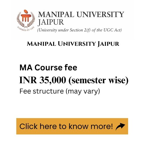 An advertisement for Manipal University jaipur MA program, detailing the course fee.