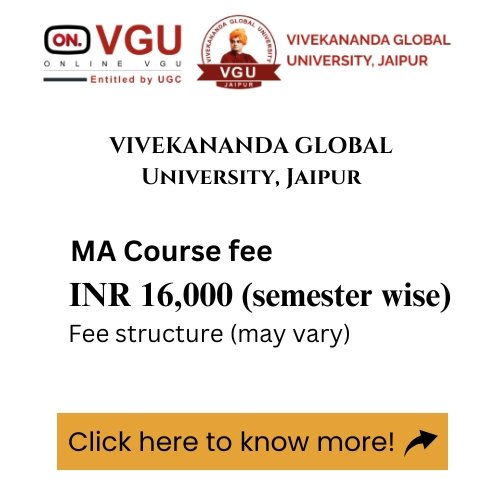 An advertisement for Vivekananda Global University's MA program, detailing the course fee.