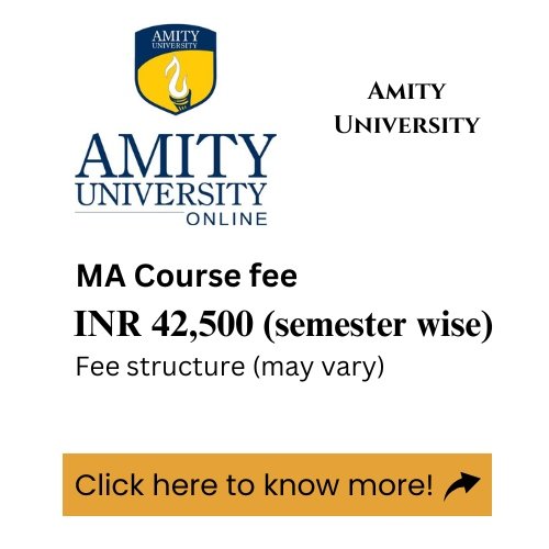 An advertisement for Amity University's online MA program, detailing the course fee.