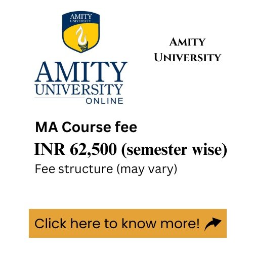 An advertisement for Amity University's online MA program, detailing the course fee.