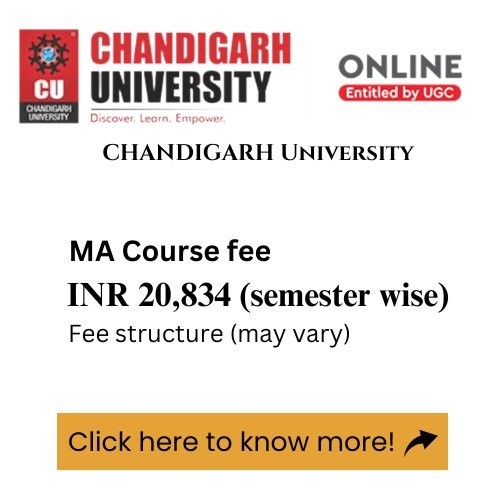 An advertisement for Chandigarh University's online MA program, detailing the course fee.