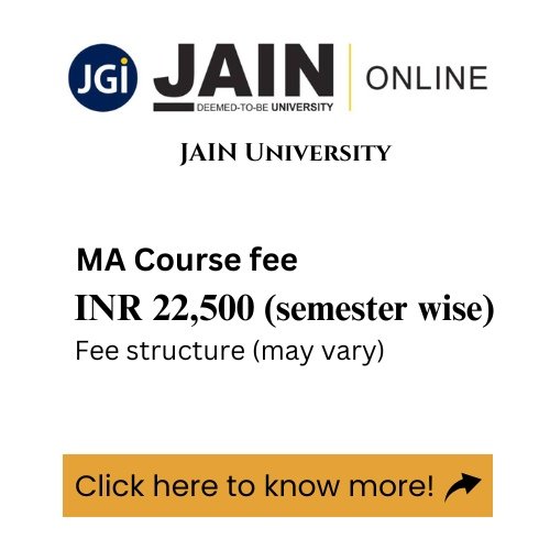 An advertisement for Jain University's online MA program, detailing the course fee.